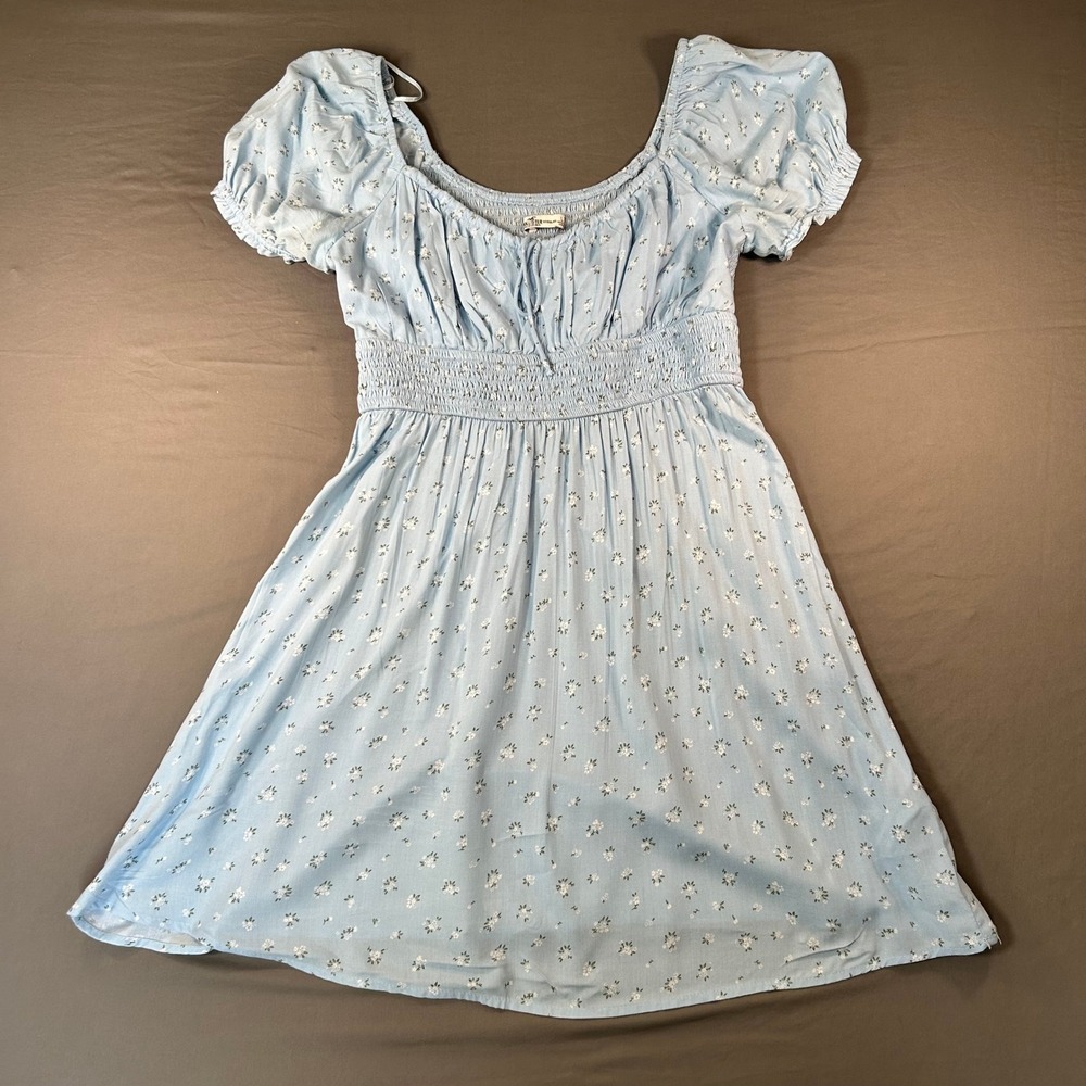 Hollister Floral Mini Dress Womens L Blue Excellent Smocked Puff Sleeve Boho